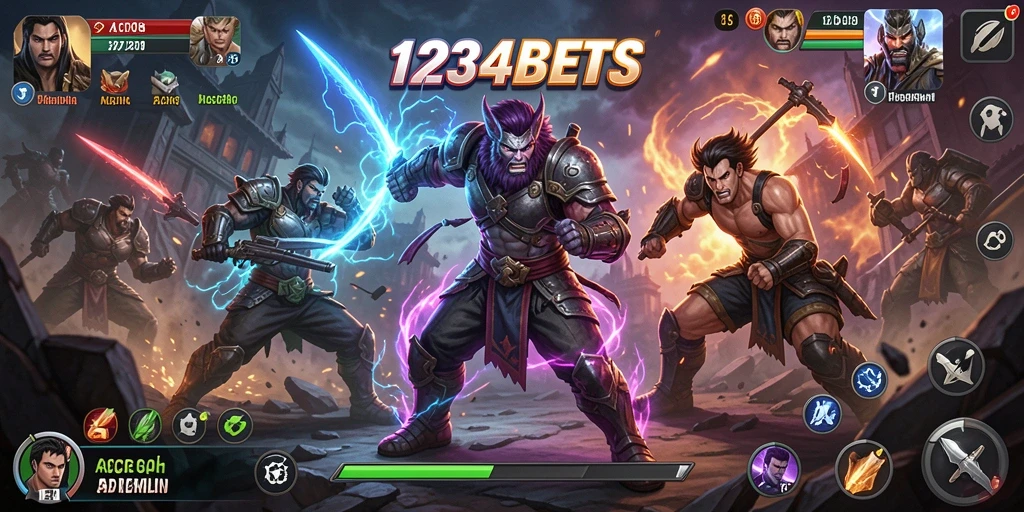 Screenshot utama gameplay 1234BETS menampilkan pertarungan seru penuh aksi.