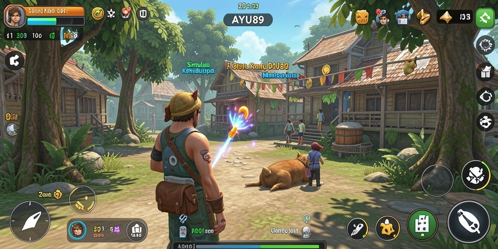 Tampilan screenshot AYU89 menampilkan karakter dalam interaksi sosial yang dinamis.