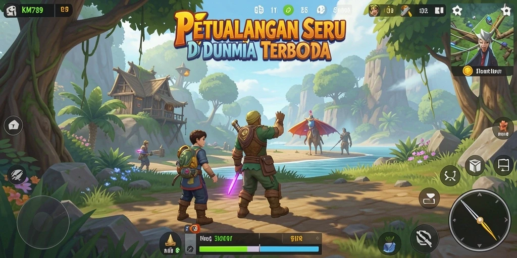 Screenshot menunjukkan dunia luas dengan petualangan yang menunggu untuk dijelajahi.