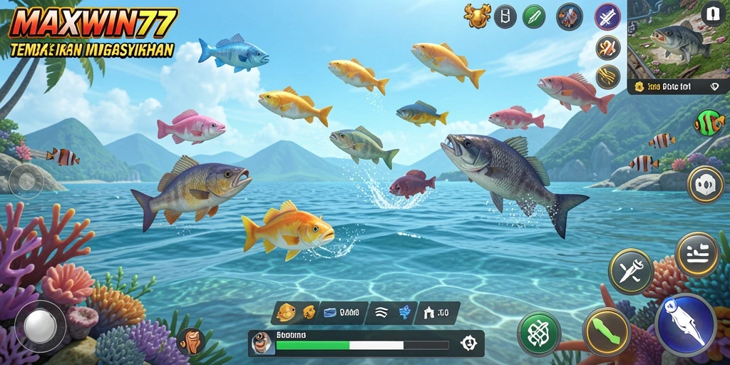 Screenshot gameplay MAXWIN77 menampilkan aksi menembak ikan yang seru.