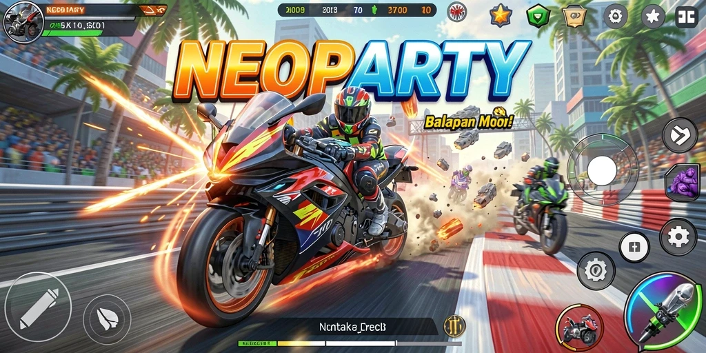 Screenshot gameplay NEOPARTY menampilkan balapan motor yang seru dan cepat.