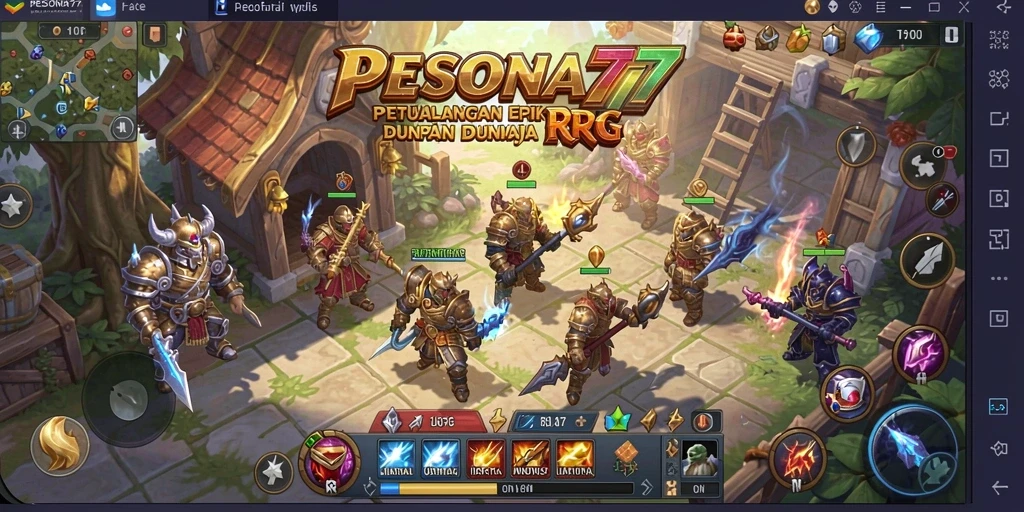 Screenshot utama PESONA77 menunjukkan pertarungan seru dengan karakter dan monster dalam grafis menakjubkan.