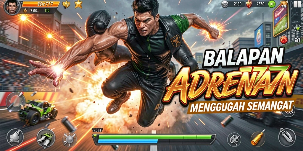 Gameplay balapan SOV777 dengan mobil berkecepatan tinggi di trek penuh tantangan.