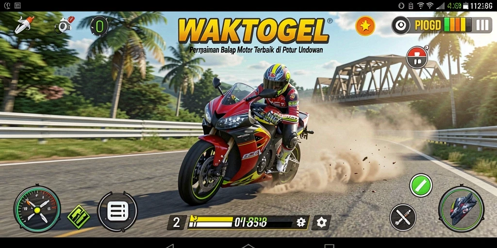 Tampilan gameplay menegangkan dalam permainan WAKTOGEL balapan motor.